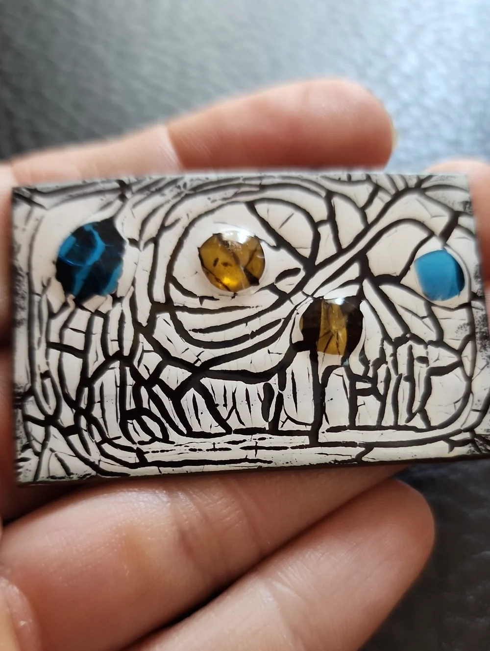 VTG White and Black Abstract Art Tile Brooch with Blue and Amber Accents